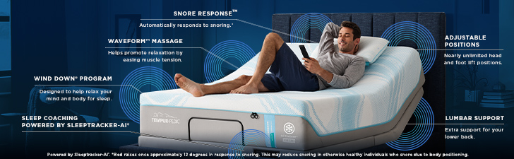 Adjustable Base Features: ADJUSTABLE POSITIONS Nearly unlimited head and foot lift positions. | LUMBAR SUPPORT Extra support for your lower back. | SNORE RESPONSE&trade; Automatically responds to snoring* | WAVEFORM&trade; MASSAGE Helps promote relaxation by easing muscle tension | WIND DOWN&reg; PROGRAM Designed to help relax your mind and body for sleep | SLEEP COACHING POWERED BY SLEEPTRACKER-AI&reg; | *Powered by Sleeptracker-AF. *Bed raises once approximately 12 degrees in response to snoring. This may reduce snoring in otherwise healthy individuals who snore due to body positioning.