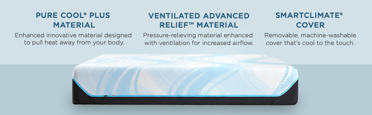 Key Mattress Features: (1) PURE COOL® PLUS MATERIAL - Enhanced innovative material designed to pull heat away from your body. (2) VENTILATED ADVANCED RELIEF™ MATERIAL - Pressure-relieving material enhanced with ventilation for increased airflow. (3) SMARTCLIMATE® COVER - Removable, machine-washable cover that's cool to the touch.