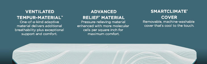 (1) VENTILATED TEMPUR-MATERIAL&trade; - One-of-a-kind adaptive material delivers additional breathability plus exceptional support and comfort. (2) ADVANCED RELIEF&trade; MATERIAL - Pressure-relieving material enhanced with more molecular cells per square inch for maximum comfort. (3) SMARTCLIMATE&reg; COVER - Removable, machine-washable cover that's cool to the touch.