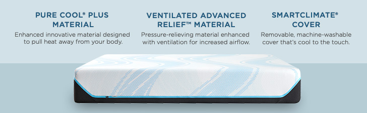 Key Mattress Features: (1) PURE COOL&reg; PLUS MATERIAL - Enhanced innovative material designed to pull heat away from your body. (2) VENTILATED ADVANCED RELIEF&trade; MATERIAL - Pressure-relieving material enhanced with ventilation for increased airflow. (3) SMARTCLIMATE&reg; COVER - Removable, machine-washable cover that's cool to the touch.
