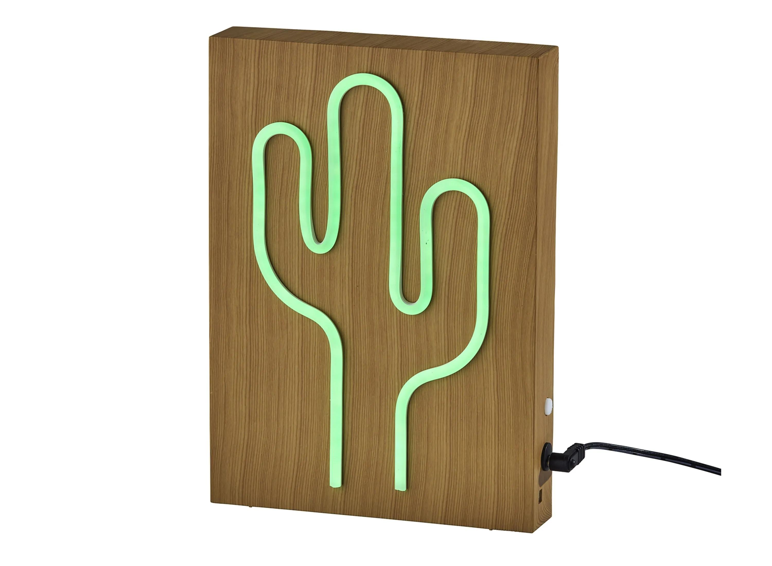 Wood Framed Neon Cactus Table/Wall Lamp