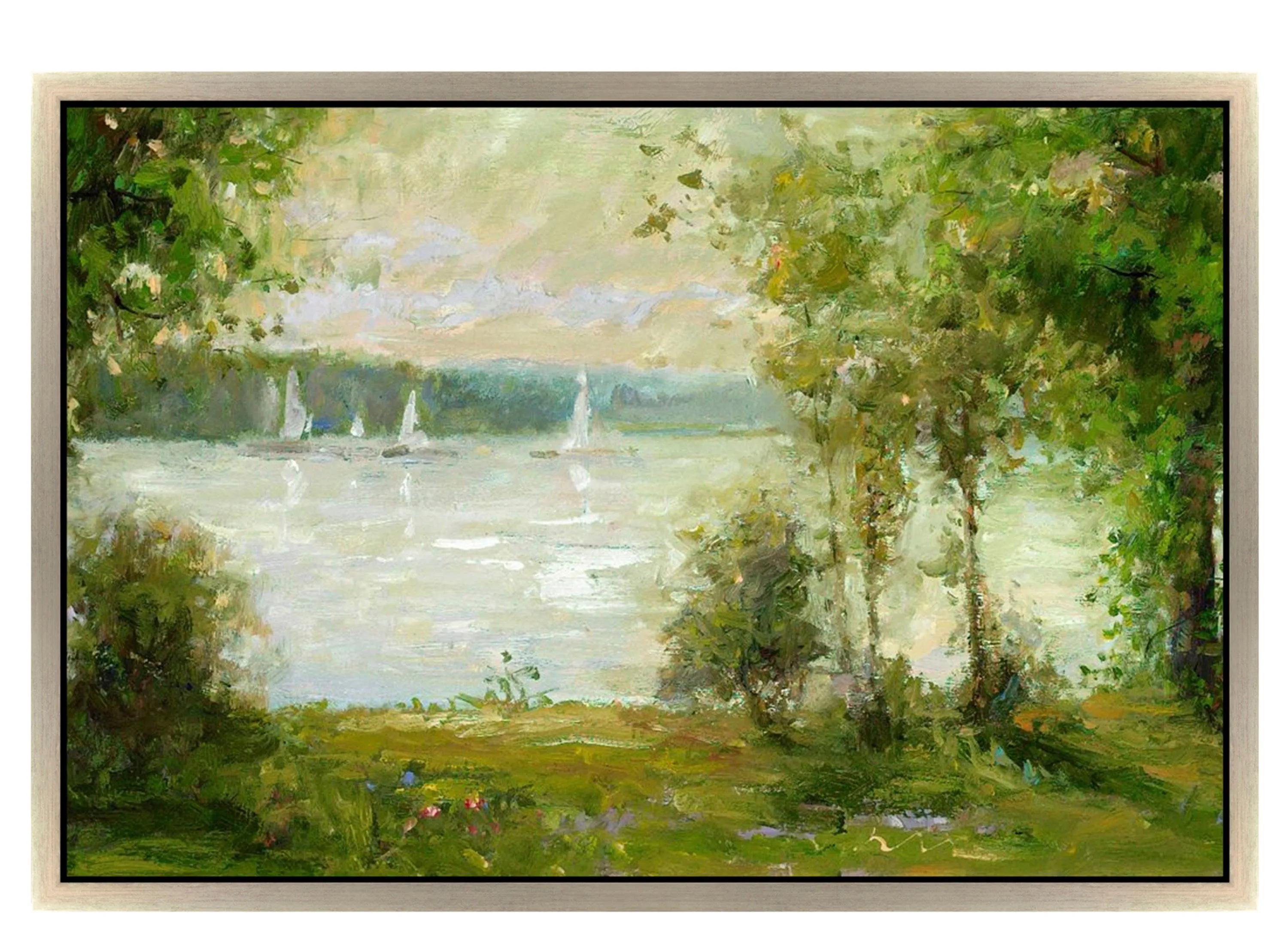 Trees with Sailboats Framed Canvas Wall Art