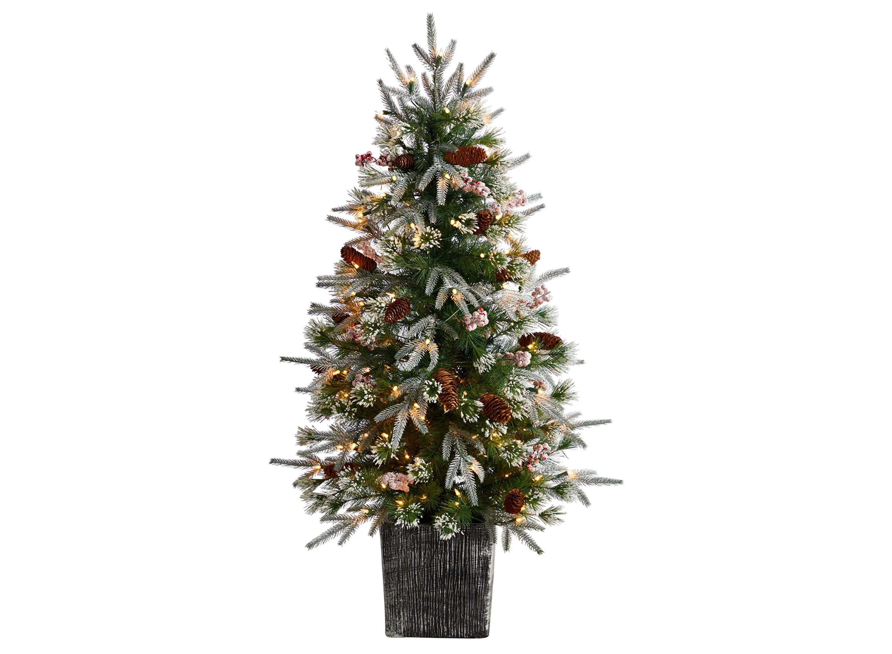 4 Pre-Lit Frosted Artificial Tree and Berries in Decorative Planter
