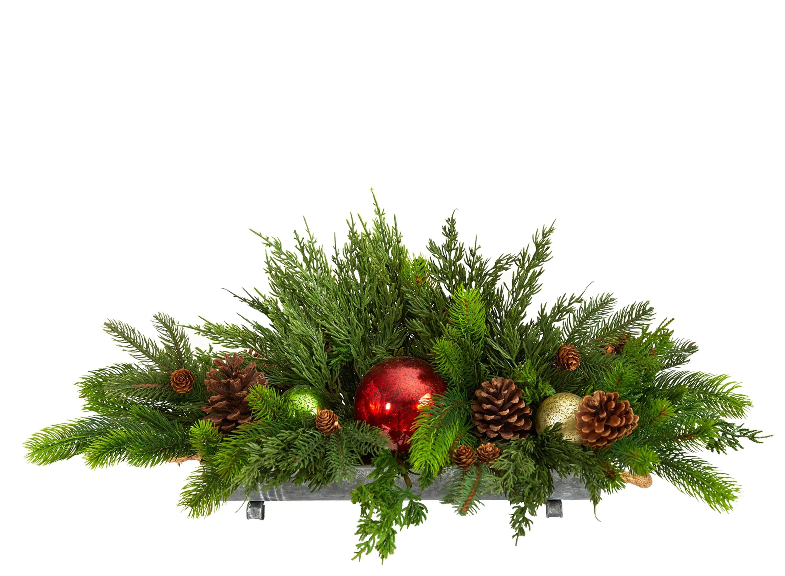 24 Cedar Pine, Pinecones and Ornaments Artificial Arrangement in Tin Vas