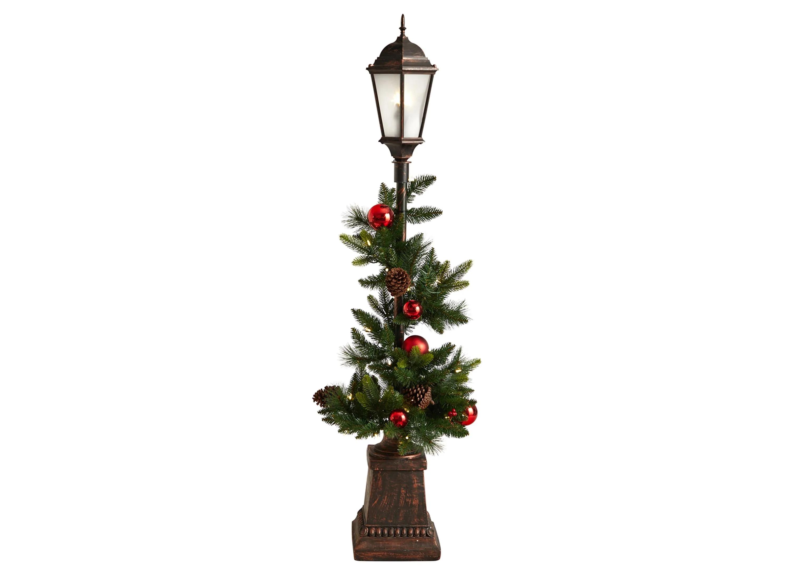 5' Pre-Lit Holiday Decorated Lamp Post with Artificial Greenery