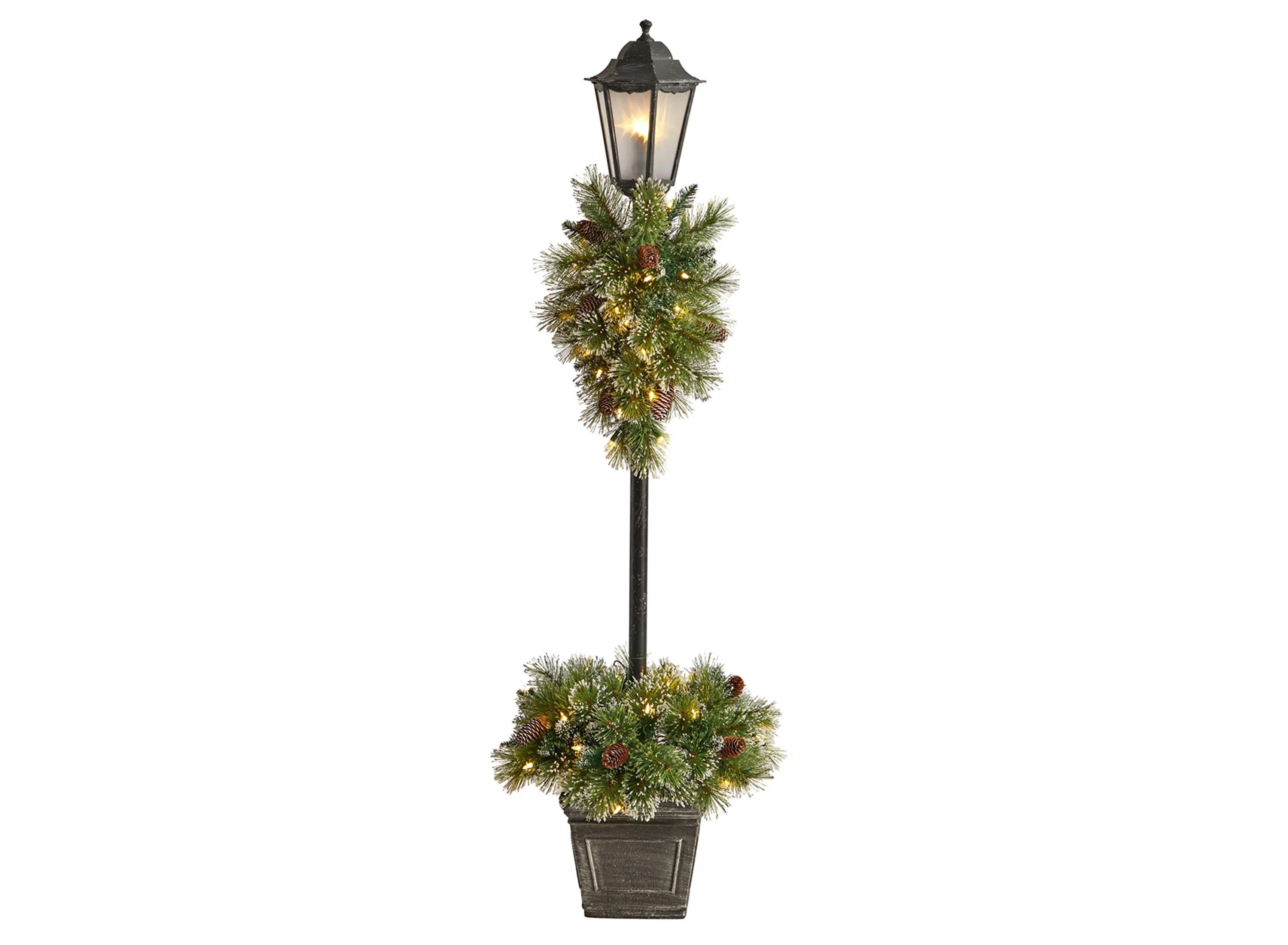 5' Holiday Pre-Lit Decorated Lamp Post with Artificial Greenery, Decorative Container