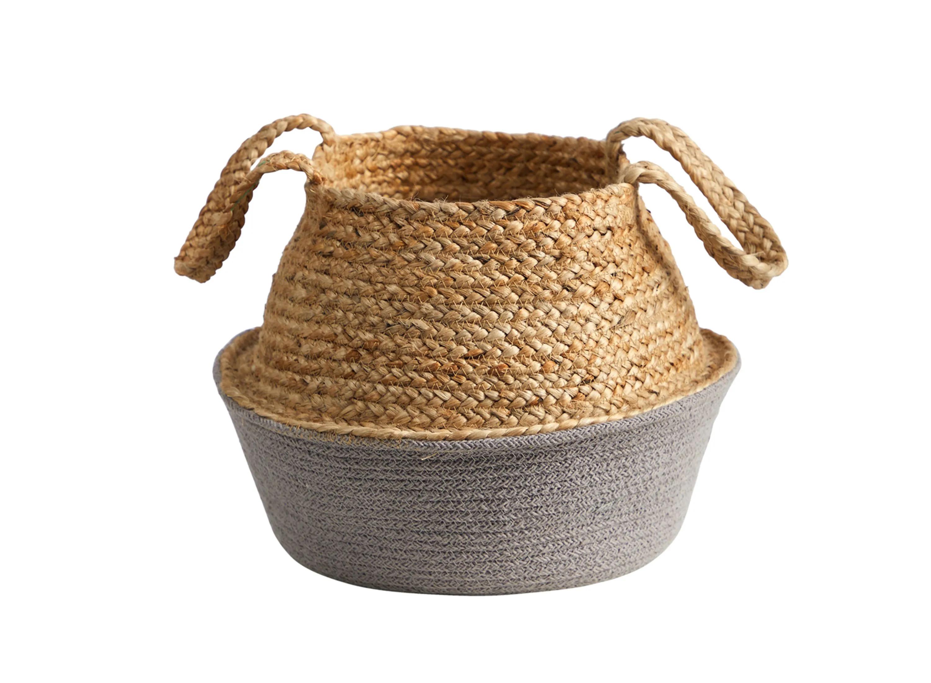 14in. Boho Chic Handmade Cotton & Jute Gray Woven Basket Planter
