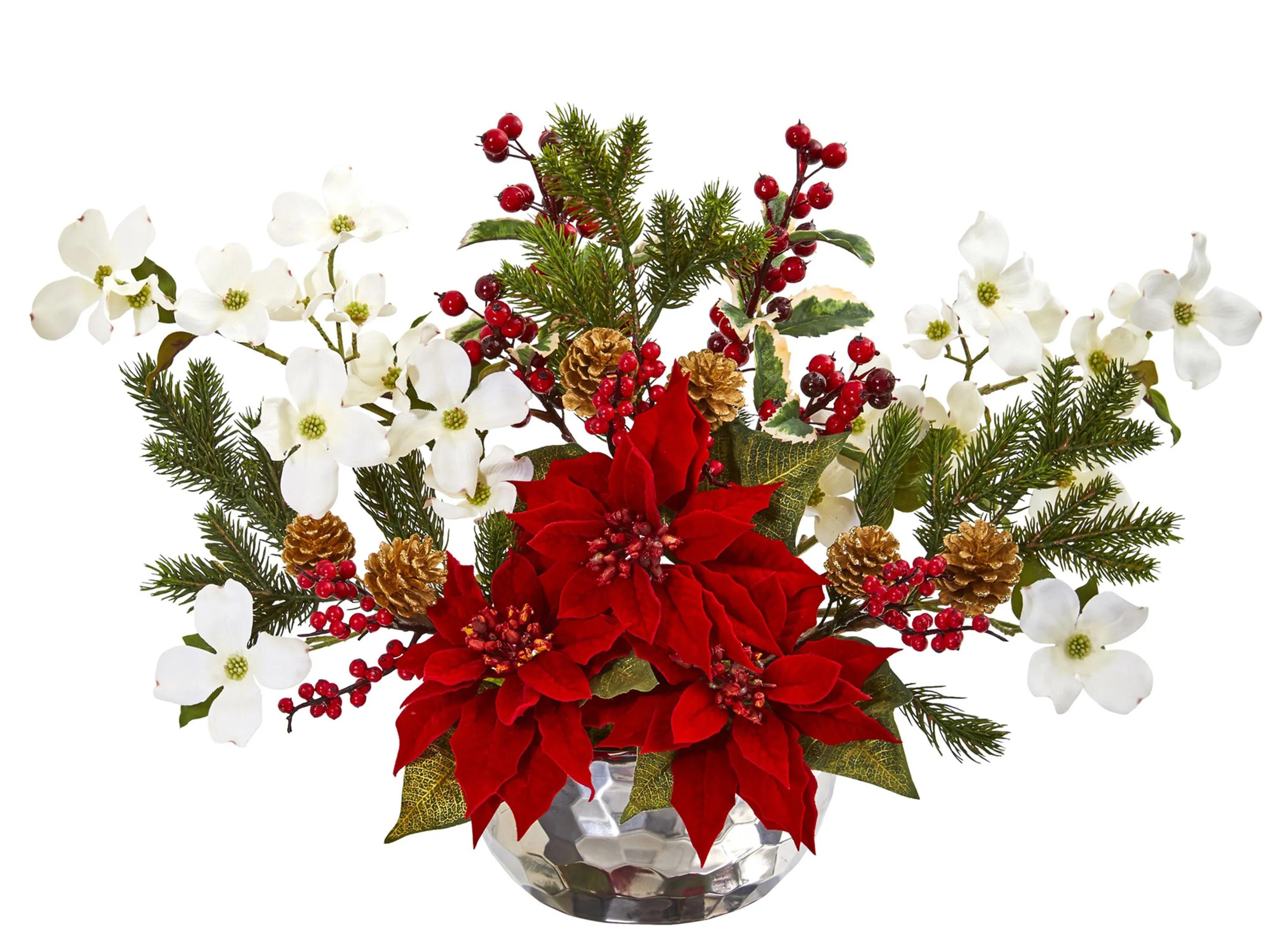 Poinsettia, Dogwood, Berry and Pine Artificial Arrangement