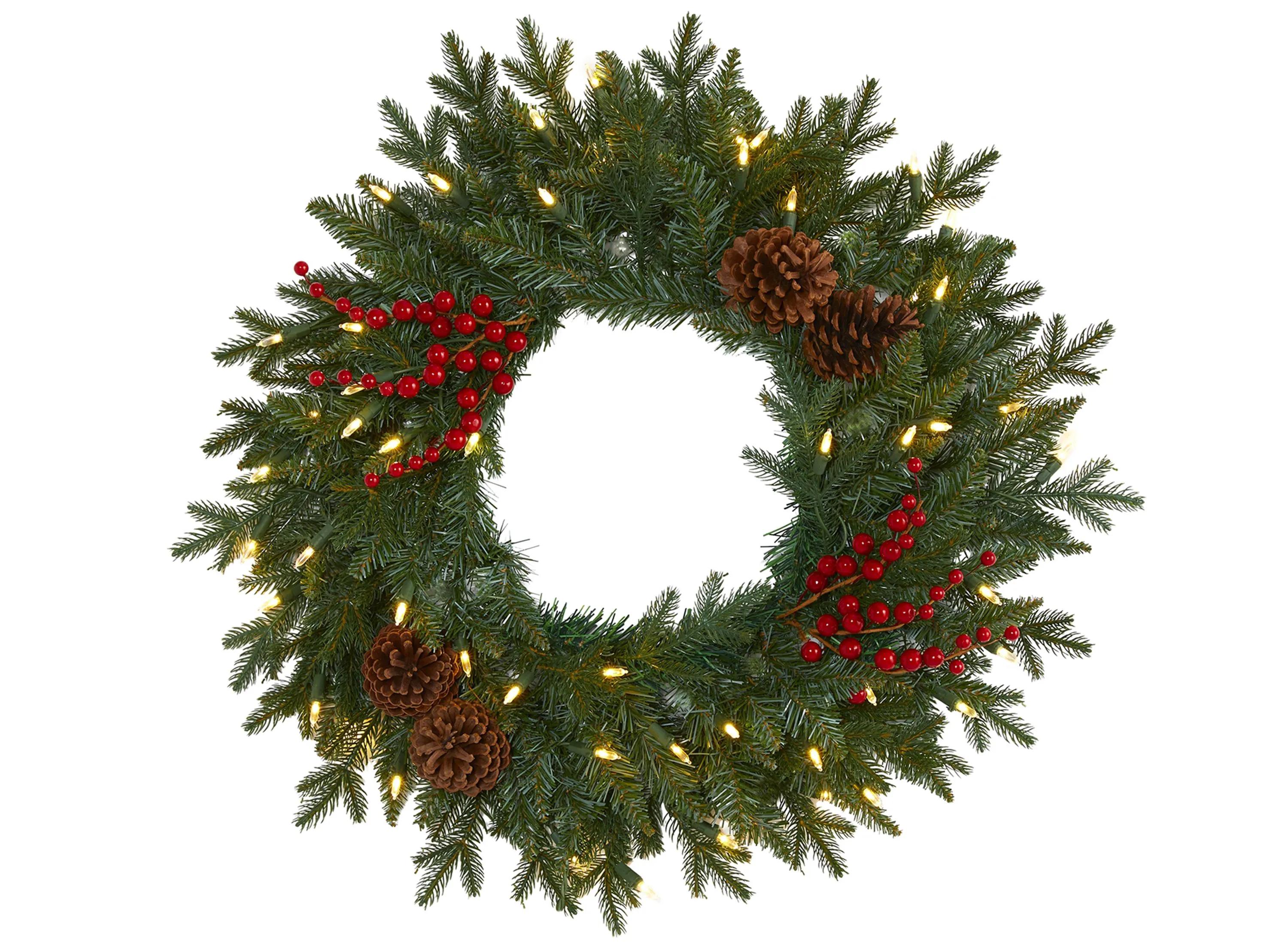 24 Green Pine Artificial Christmas Wreath with Warm White LED Lights, Be