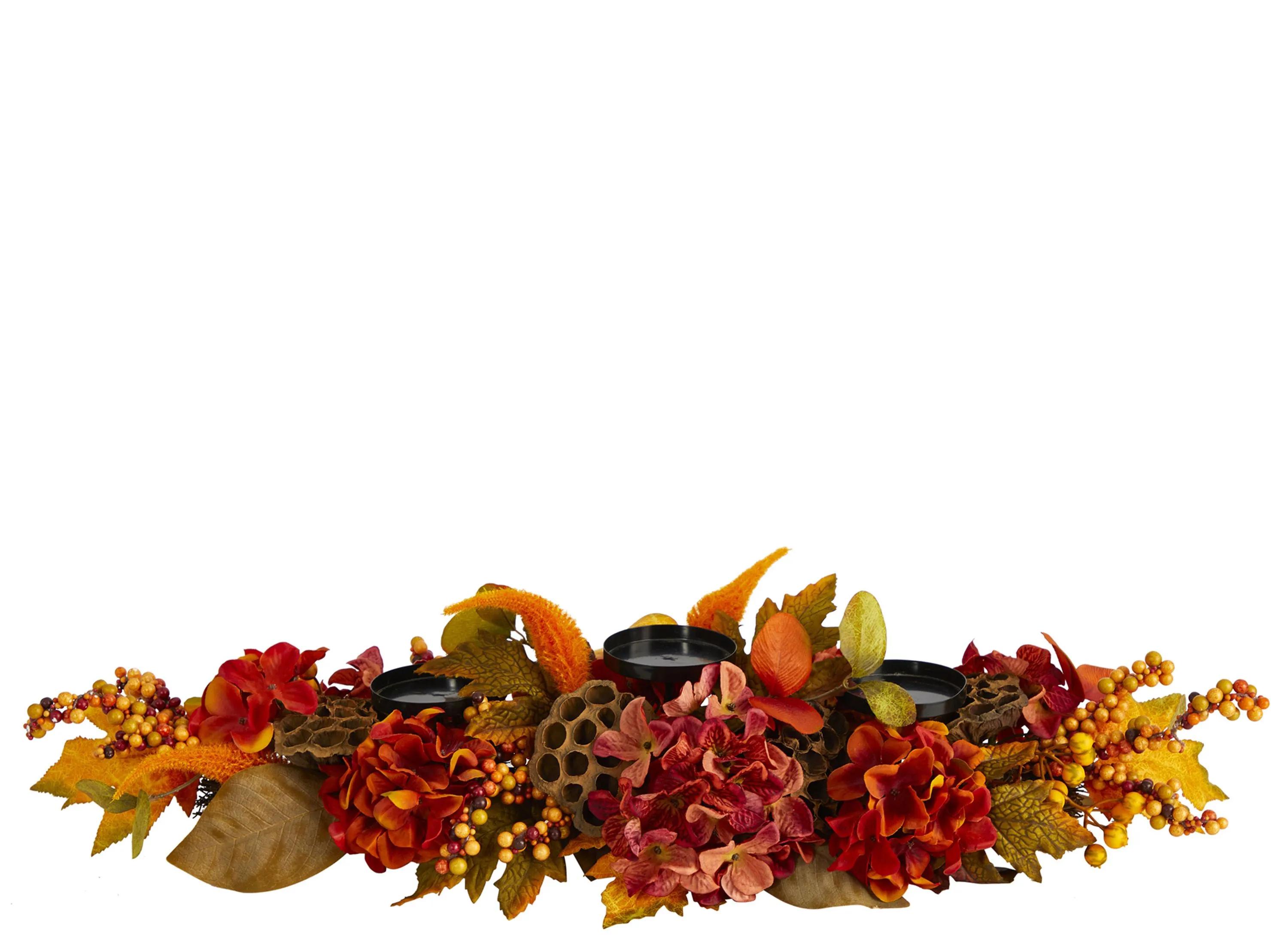 Fall Hydrangea, Lotus Seed and Berries Artificial Candelabrum Arrangement