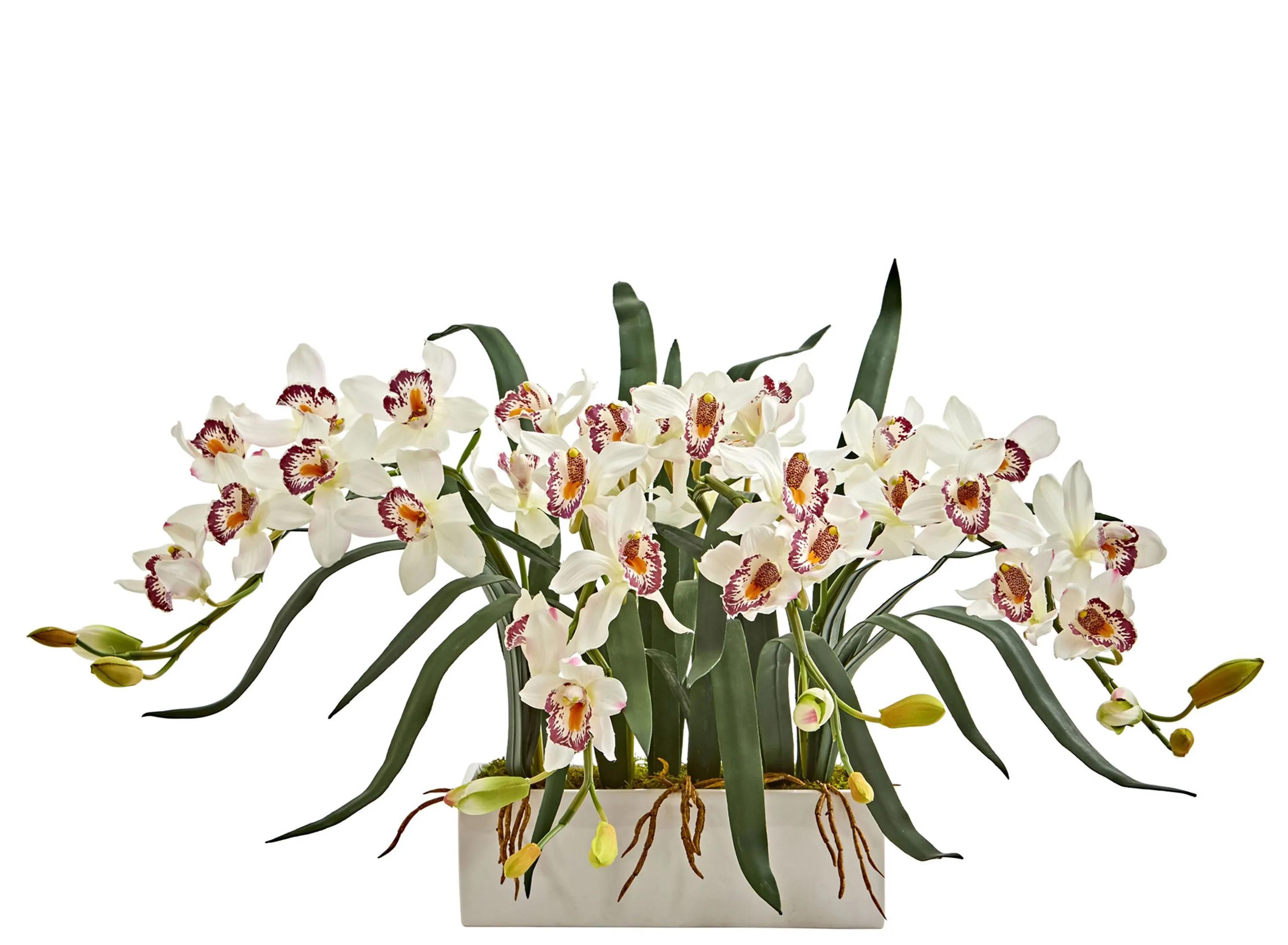 Cymbidium Artificial Arrangement in White Vase