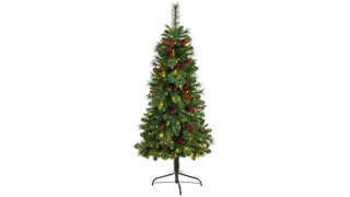 5' Flat Back Pine Artificial Christmas Tree with White LED Lights and Bendable Branches