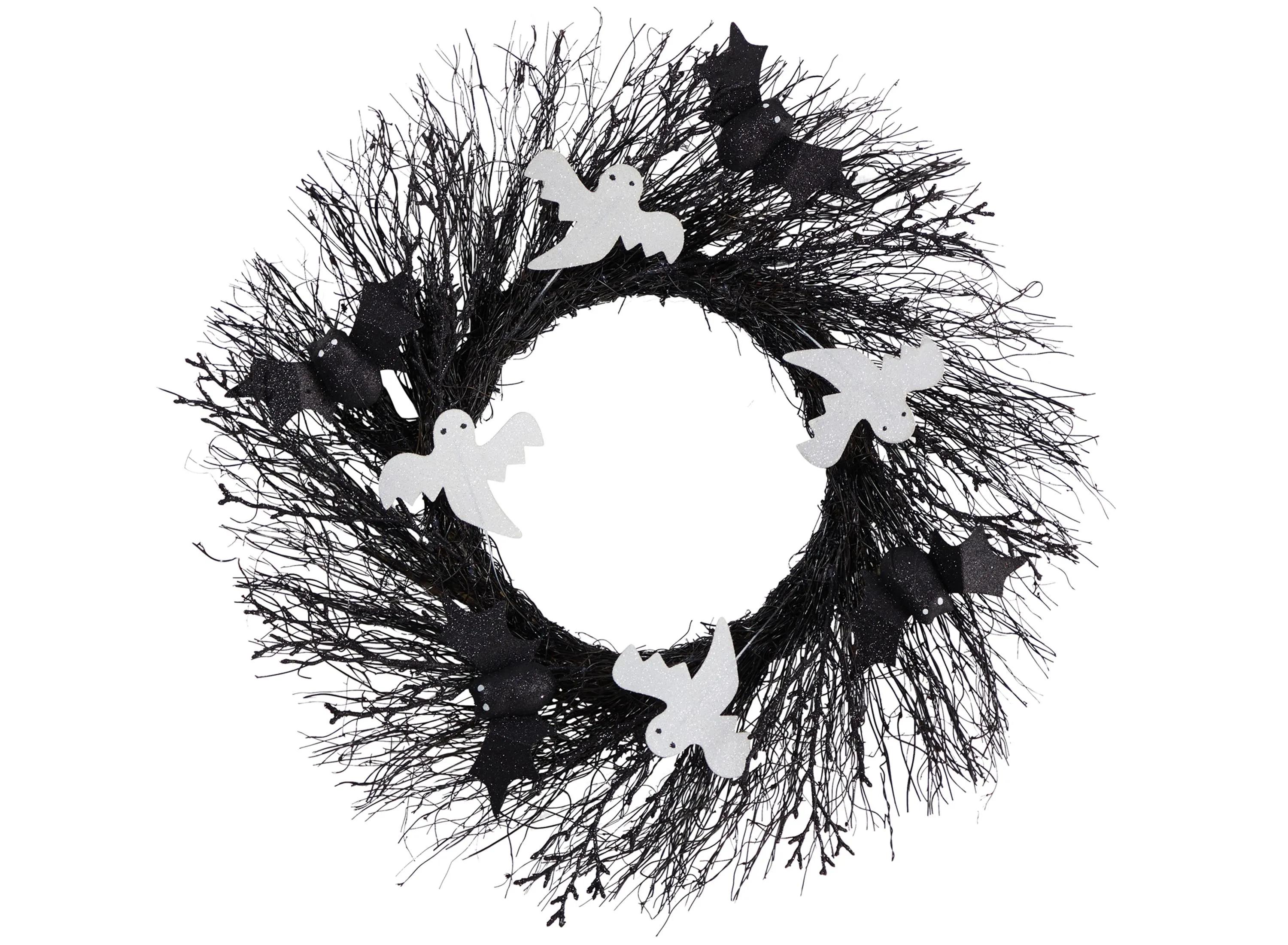 22 Halloween Foliage Ghost and Bats Twig Wreath