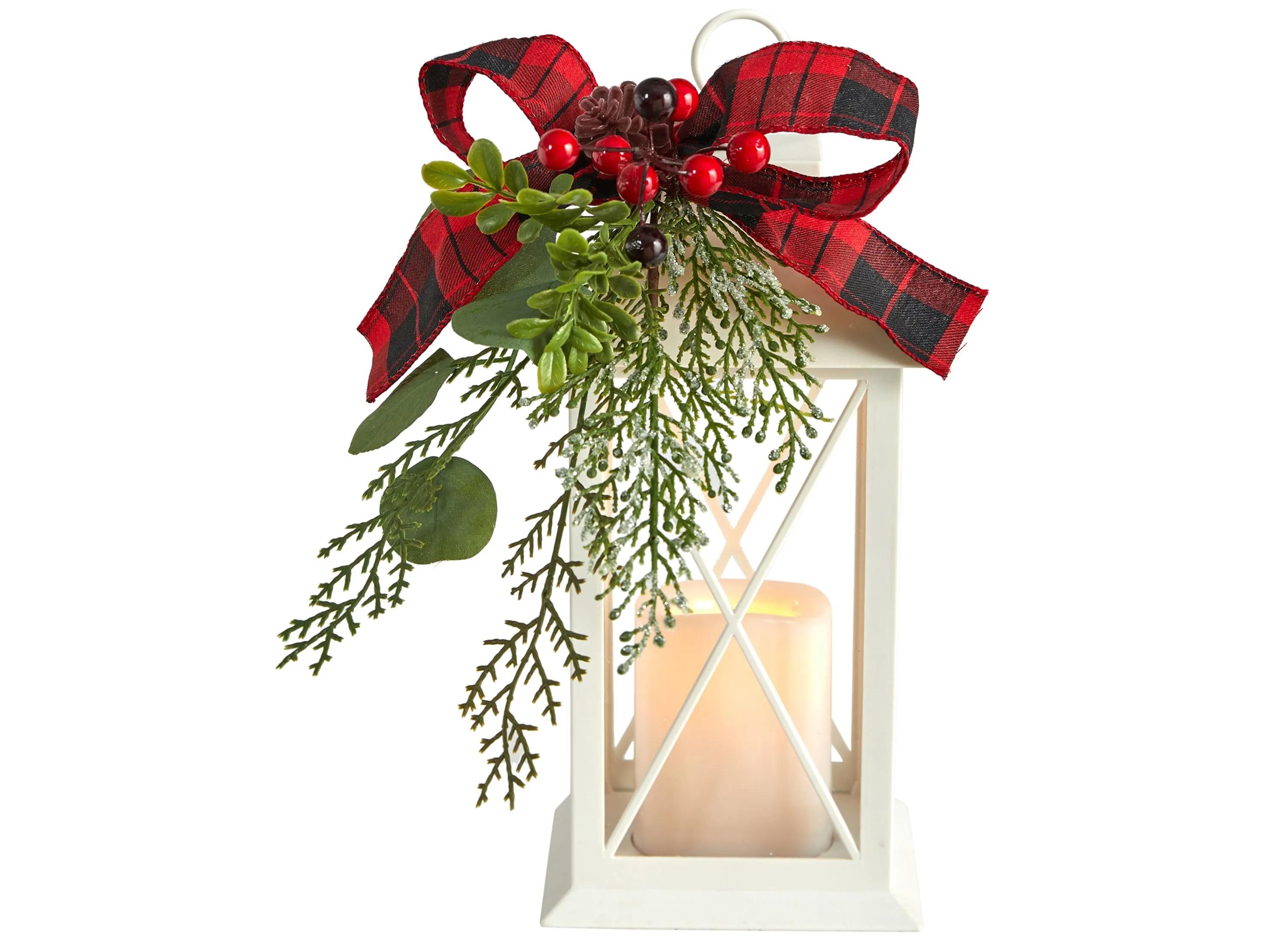 12 Holiday Foliage White Lantern Arrangement with LED Candle