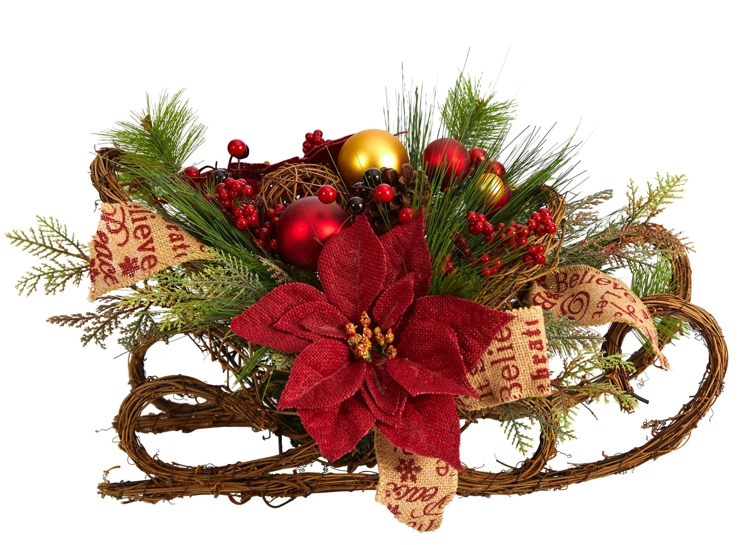 18 Sleigh with Holiday Foliage Artificial Arrangement