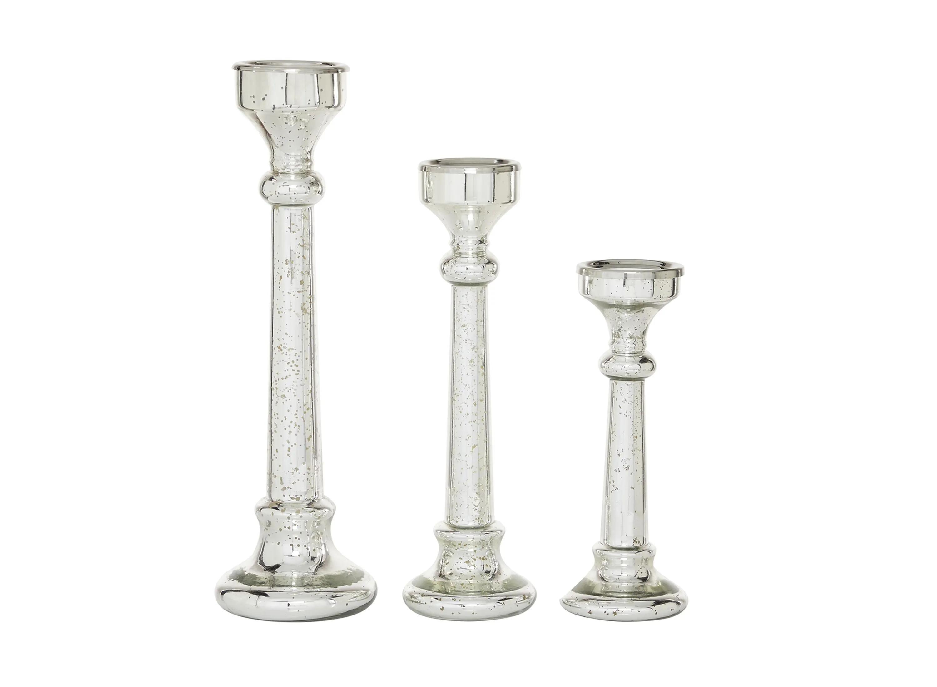 Ivy Collection Set of 3 Silver Glass Candle Holders