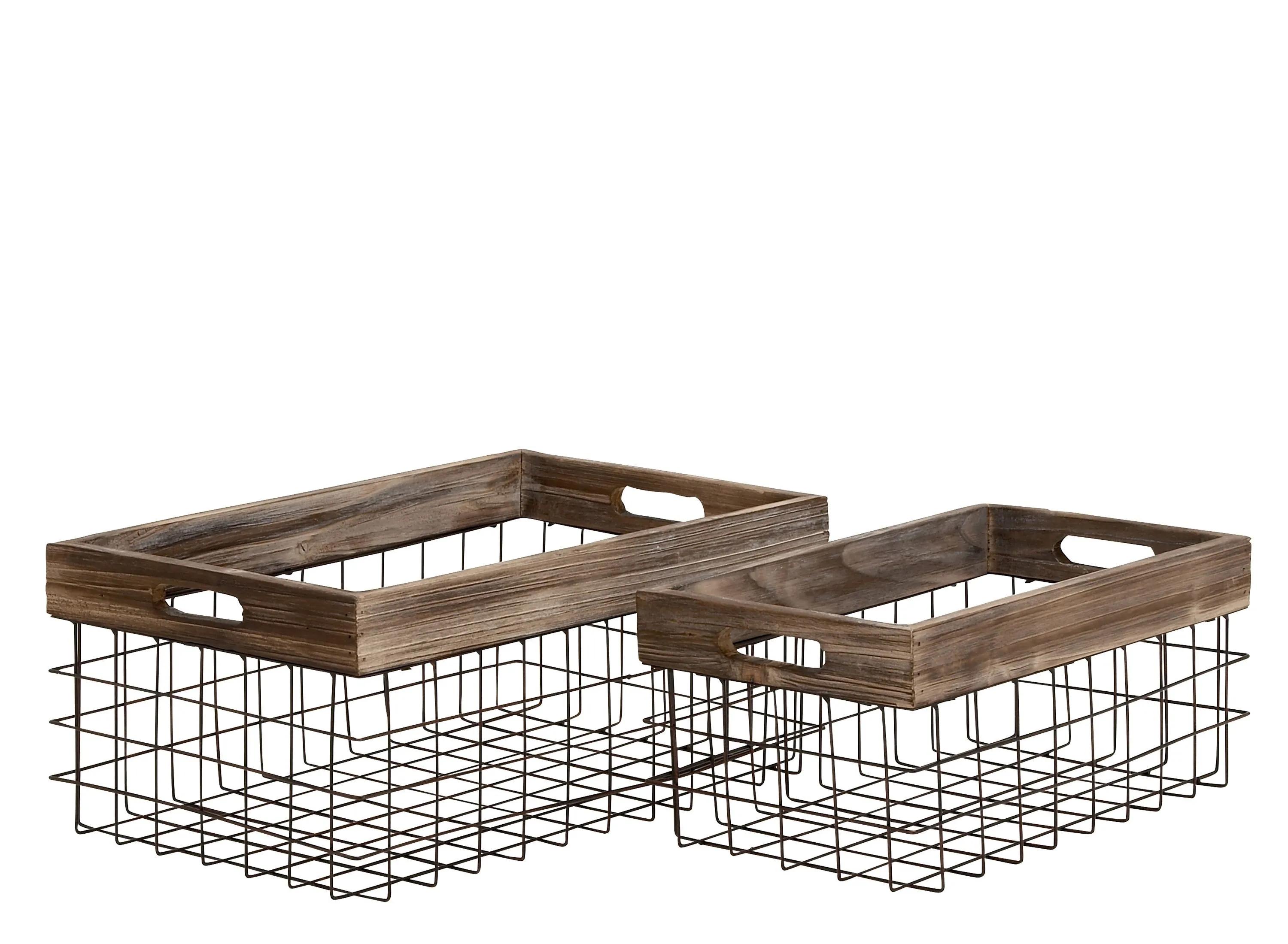 Ivy Collection Set of 2 Metal and Wood Farmhouse Baskets