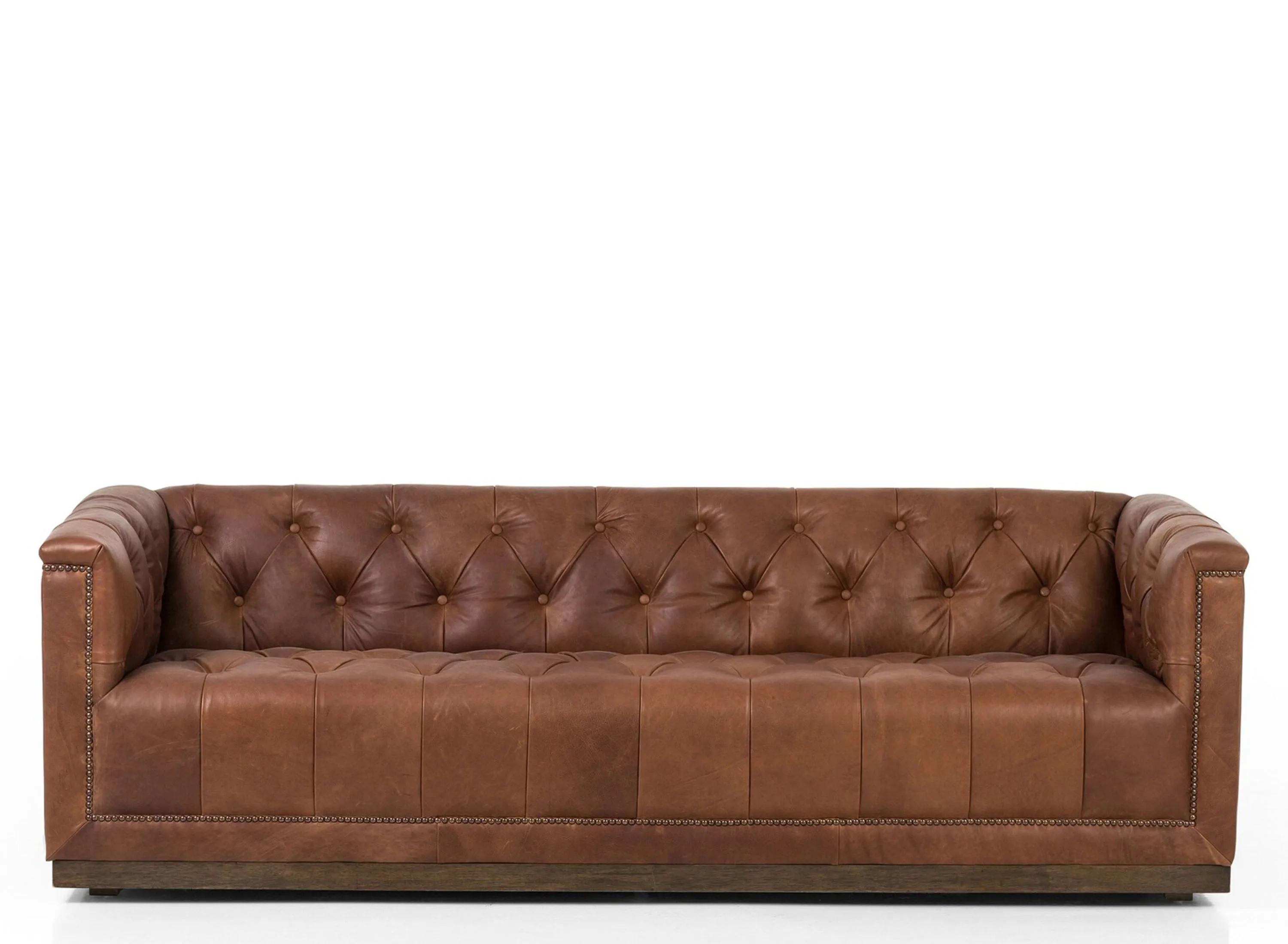 Emmy Rustic Warm Brown Leather Tufted Nailhead Trim Sofa - Small - 86"W