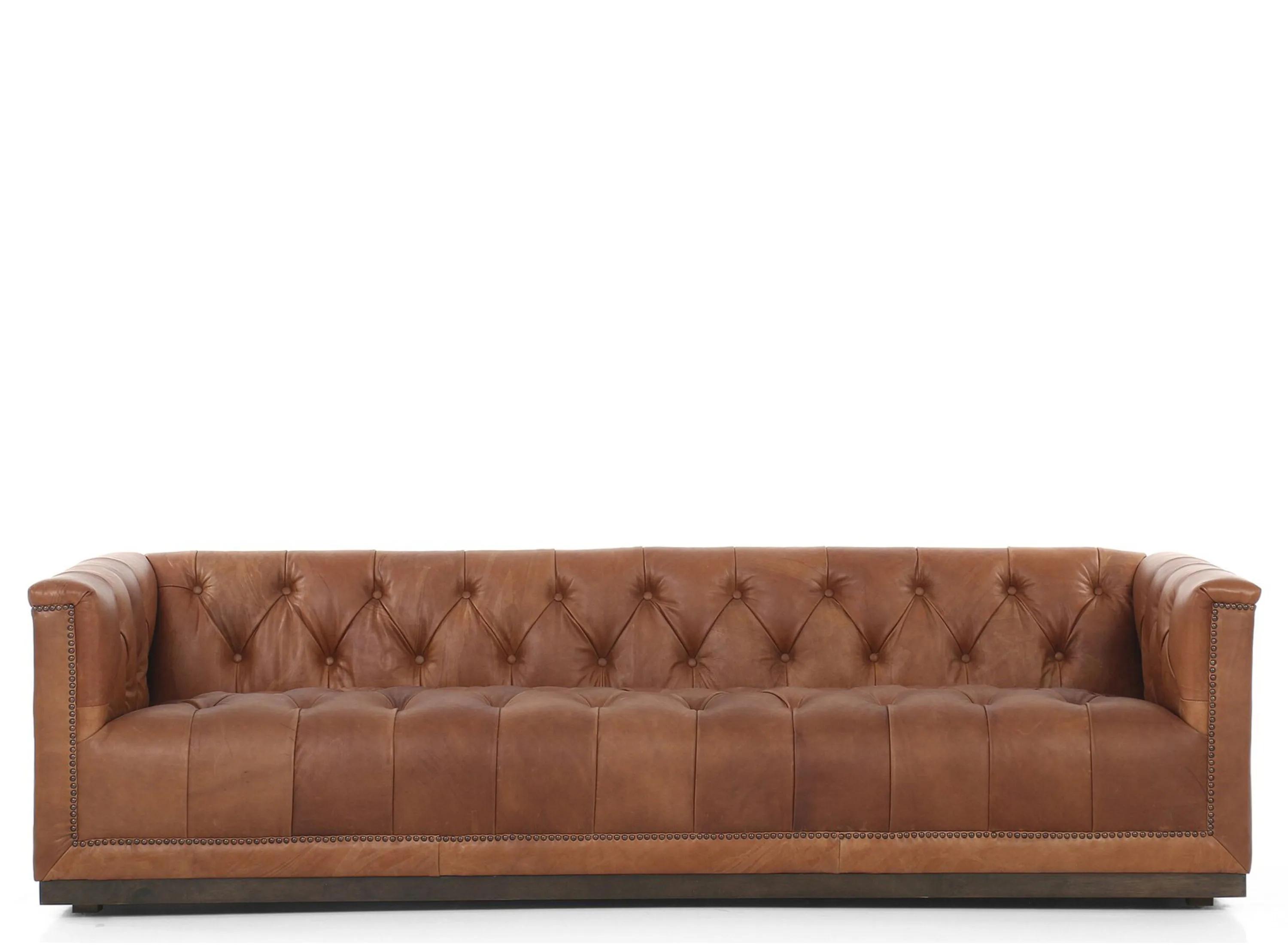 Emmy Rustic Warm Brown Leather Tufted Nailhead Trim Sofa - Large - 95"W
