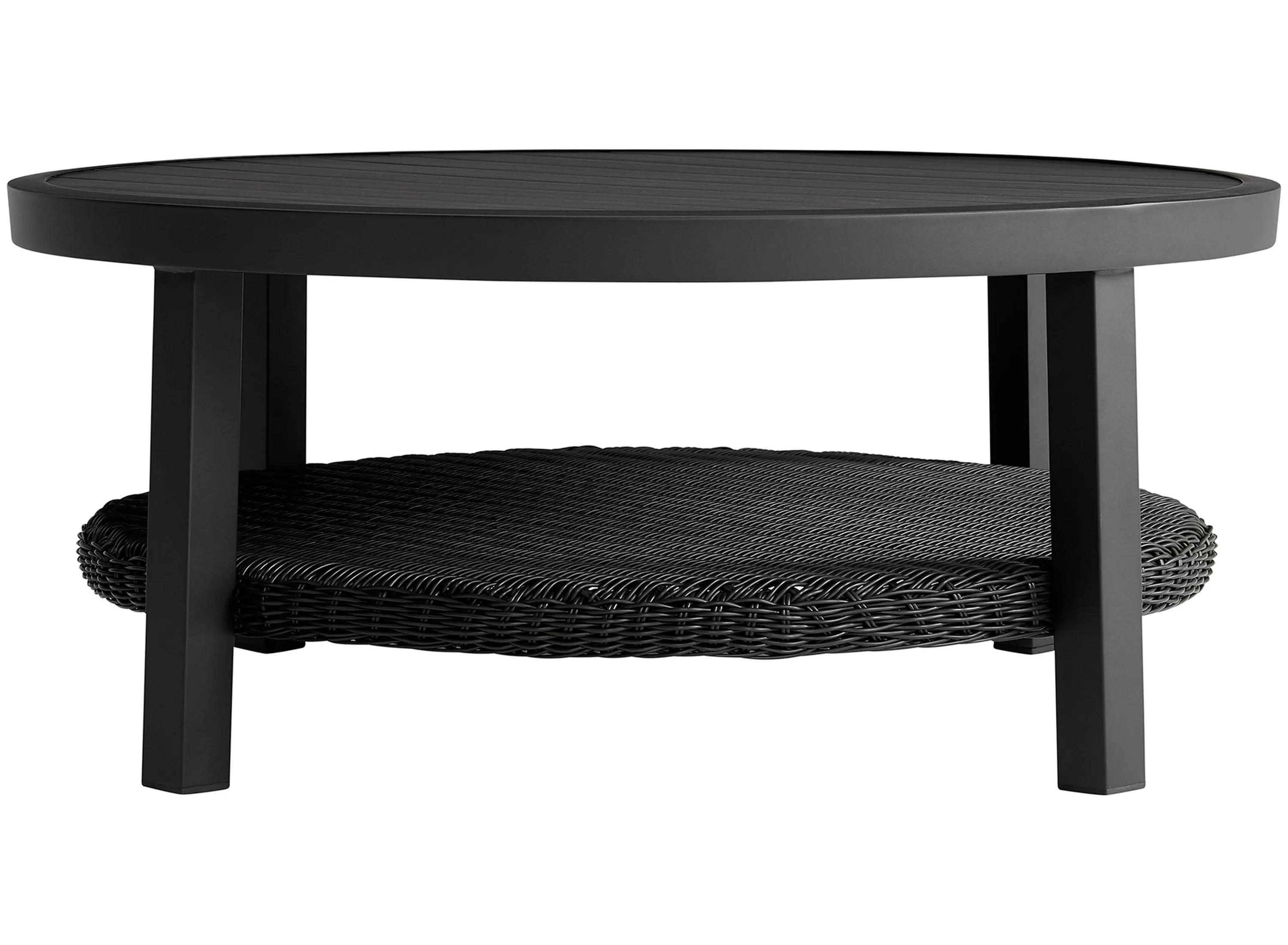 Grand Black Outdoor Round Conversation Table With Wicker Shelf