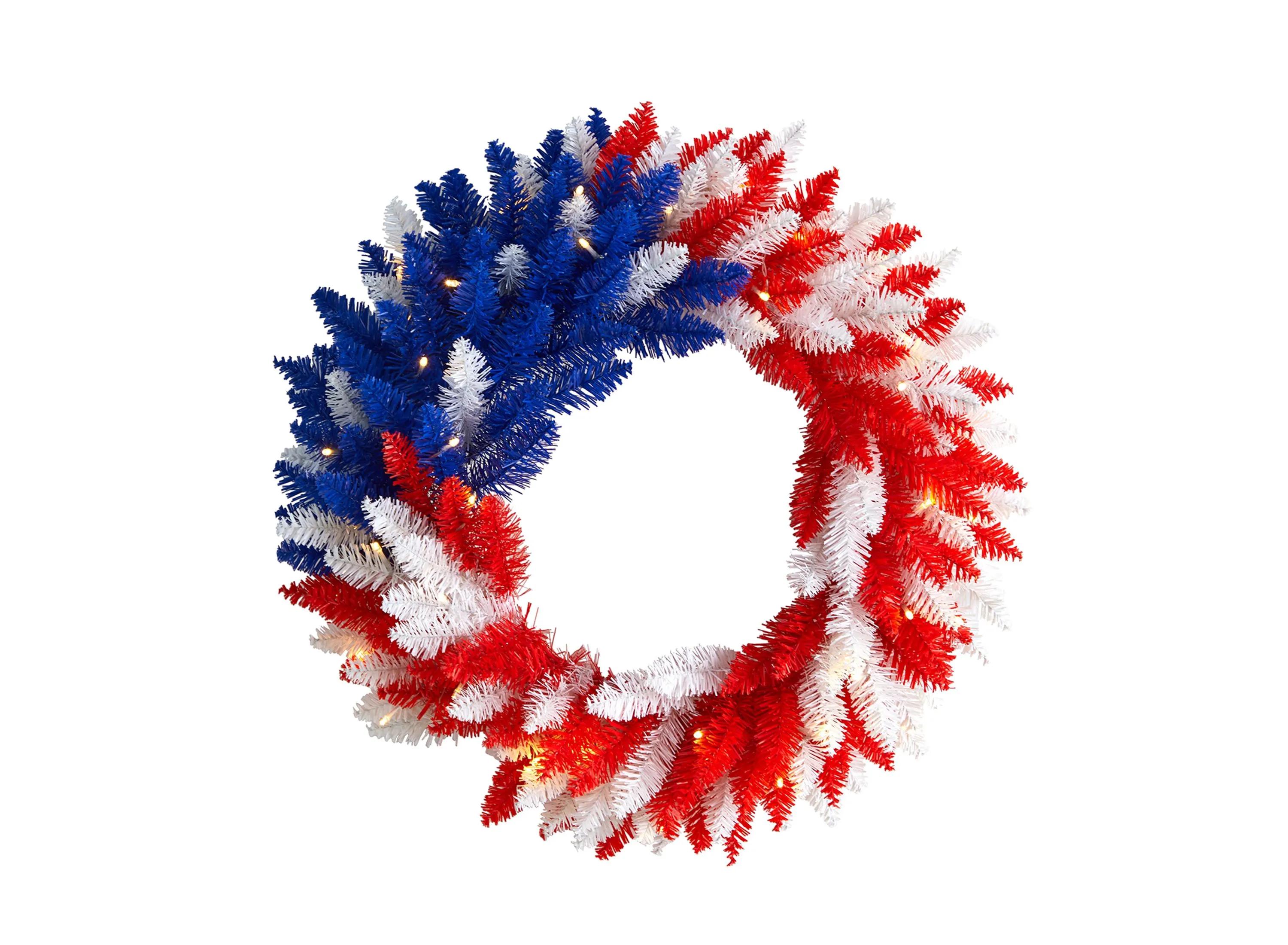 18in. Patriotic Red, White and Blue Americana Wreath with 20 Warm LED Light