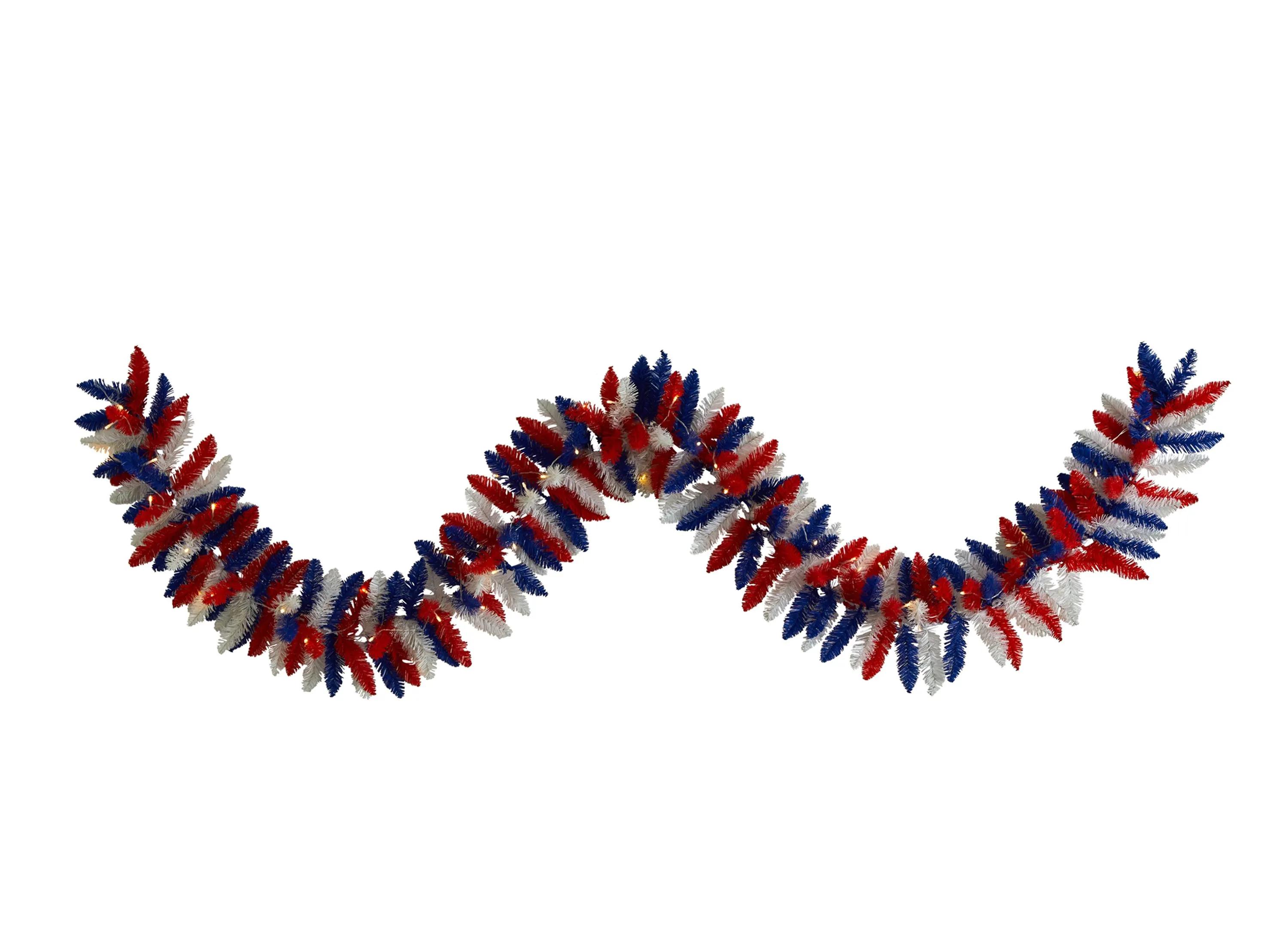 9ft. Patriotic American Flag Themed Artificial Garland with 50 Warm LED Lig