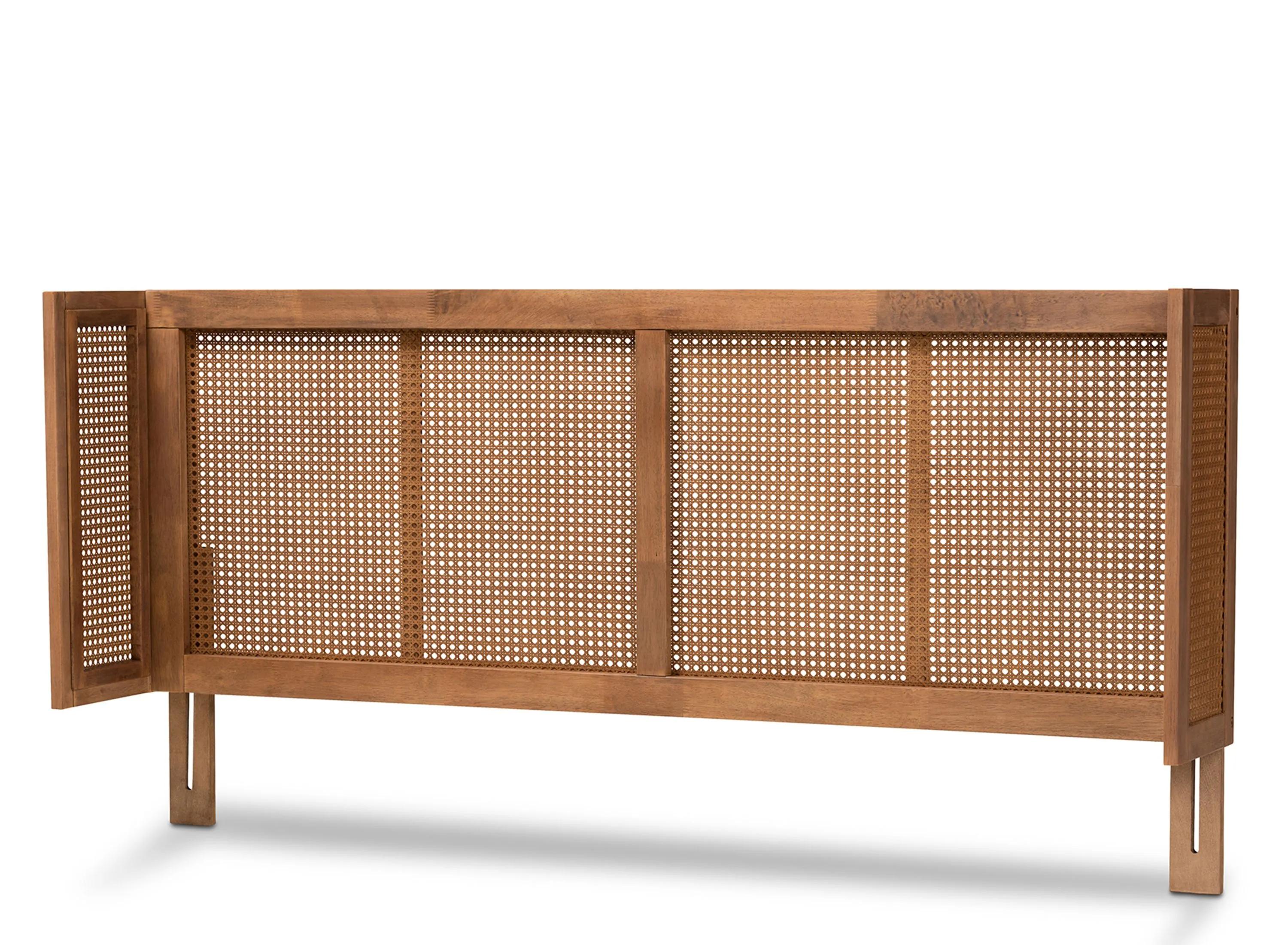 MG97151-Ash Walnut Rattan-Queen-Headboard Rina Mid-Century Modern Ash Wanut Finished Wood & Synthetic Rattan Wrap-Around Headboard - Queen Size