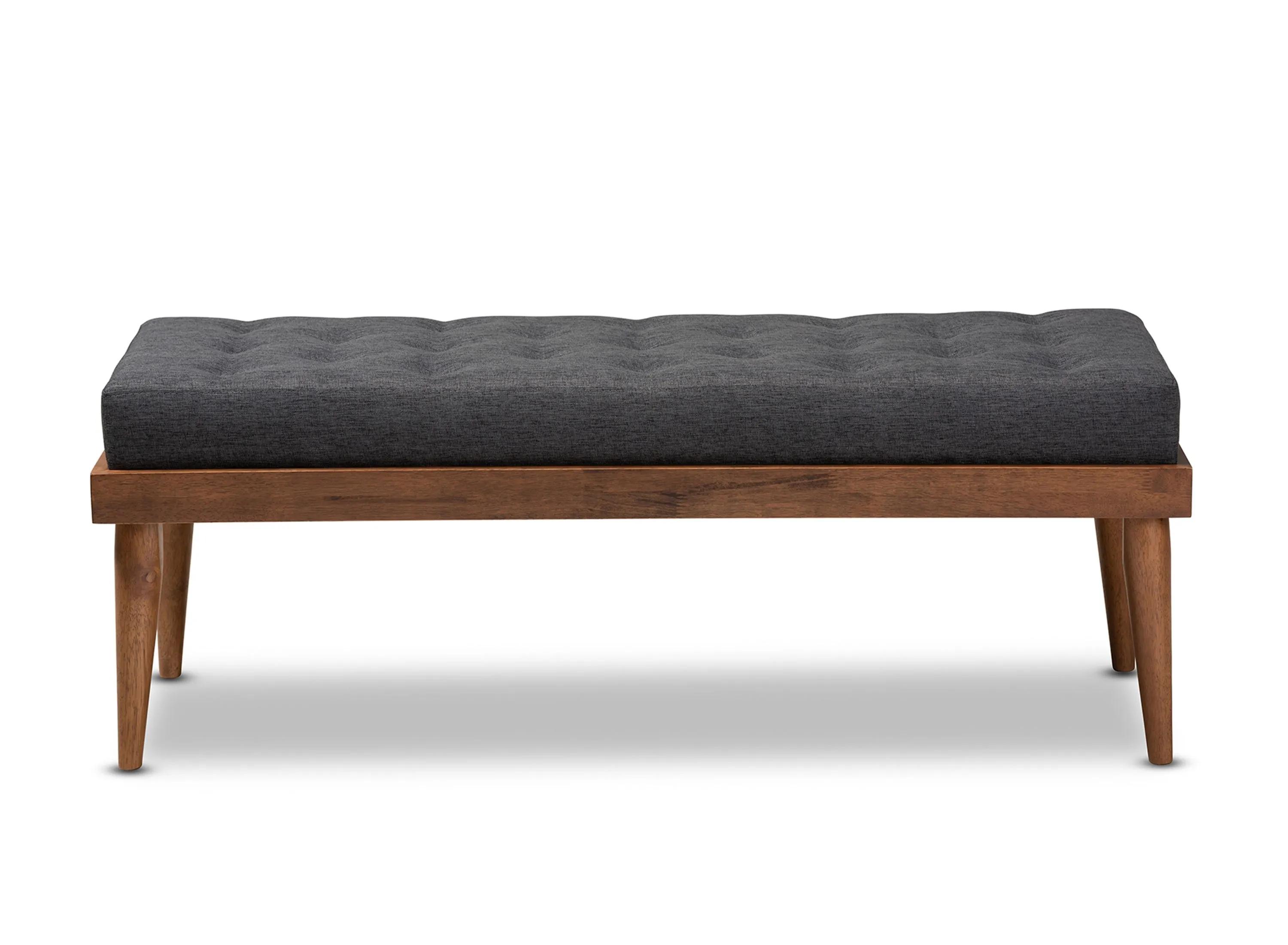 BBT5363-Dark Grey-Bench Linus Mid-Century Modern Dark Grey Fabric Upholstered & Button Tufted Wood Bench