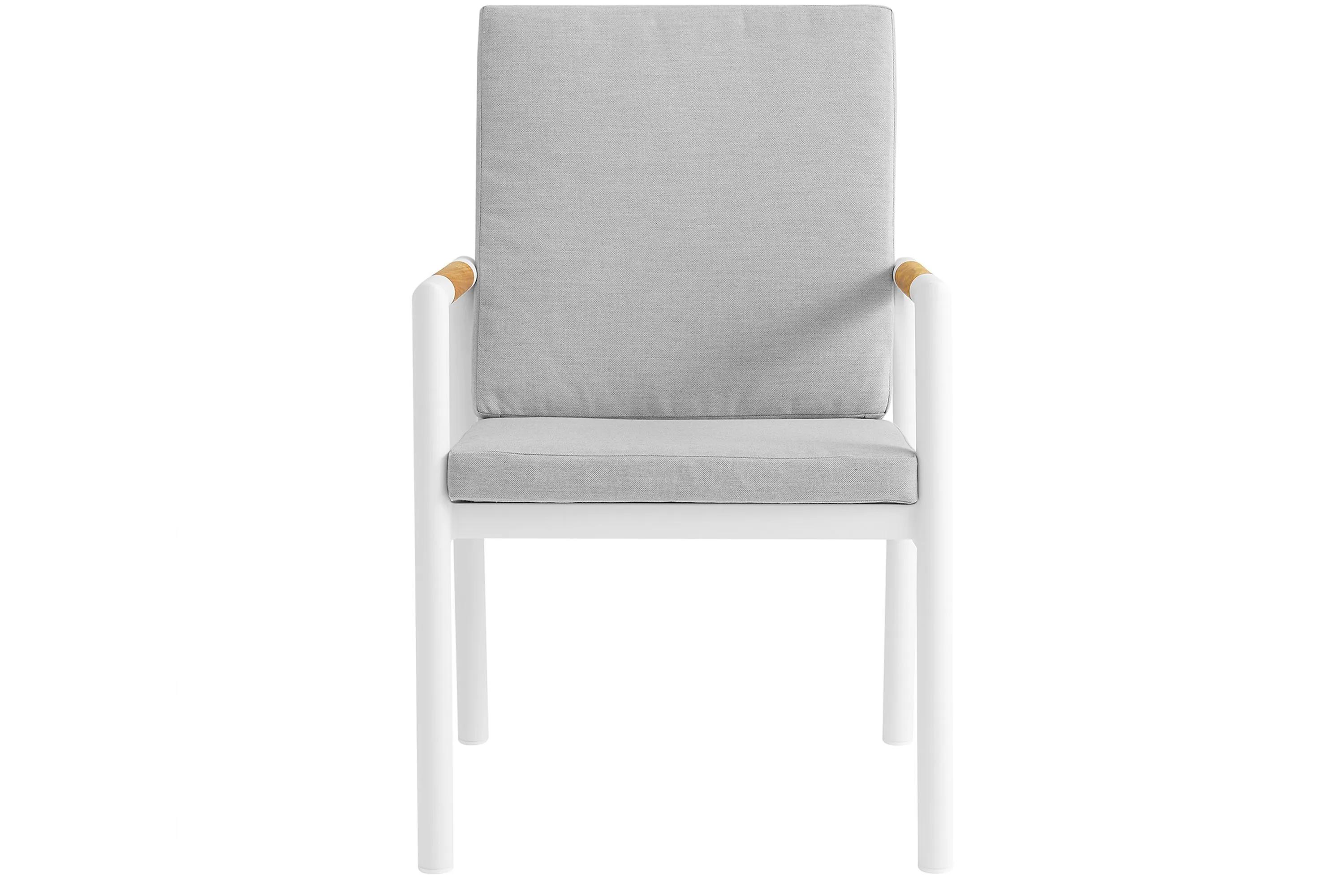 Crown White Aluminum and Teak Outdoor Dining Chair with Light Gray Fabric -