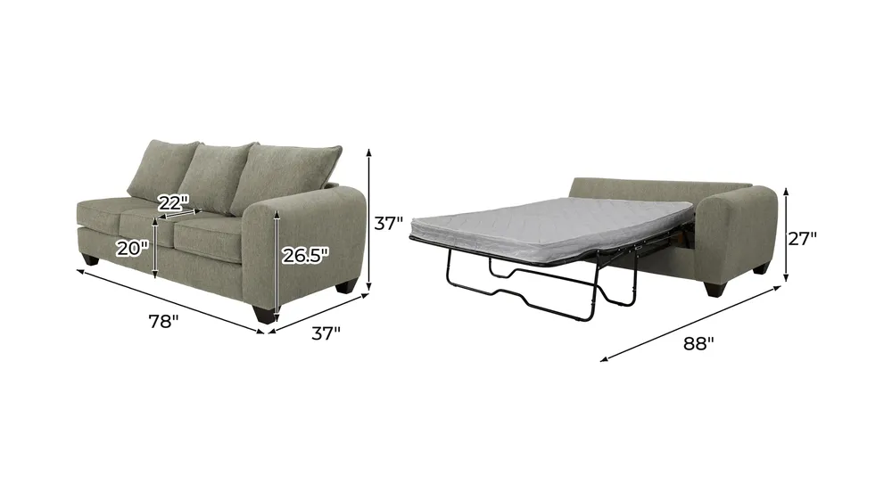 Jaden Right Arm Facing Sofa w/ Full Sleeper Dimensions