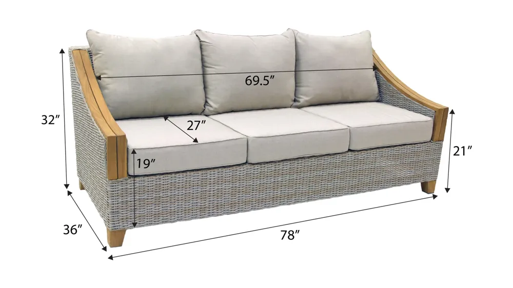 Sea Drift Wicker and Teak Outdoor Sofa Dimensions