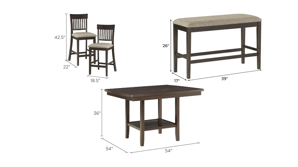 Elmore 6-pc. Counter Height Dining Set With Bench And Slat Back Chairs Dimensions