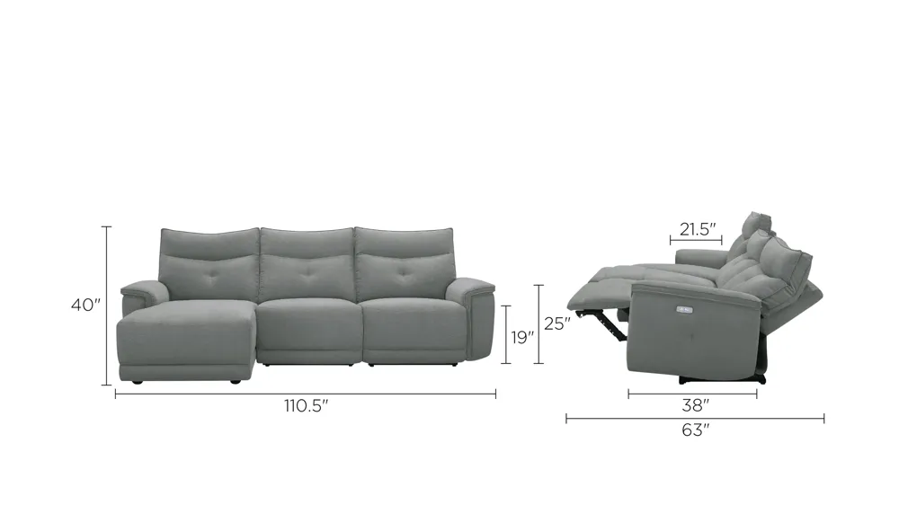 Graceland 3-pc. Sectional Sofa w/ Power Headrests Dimensions