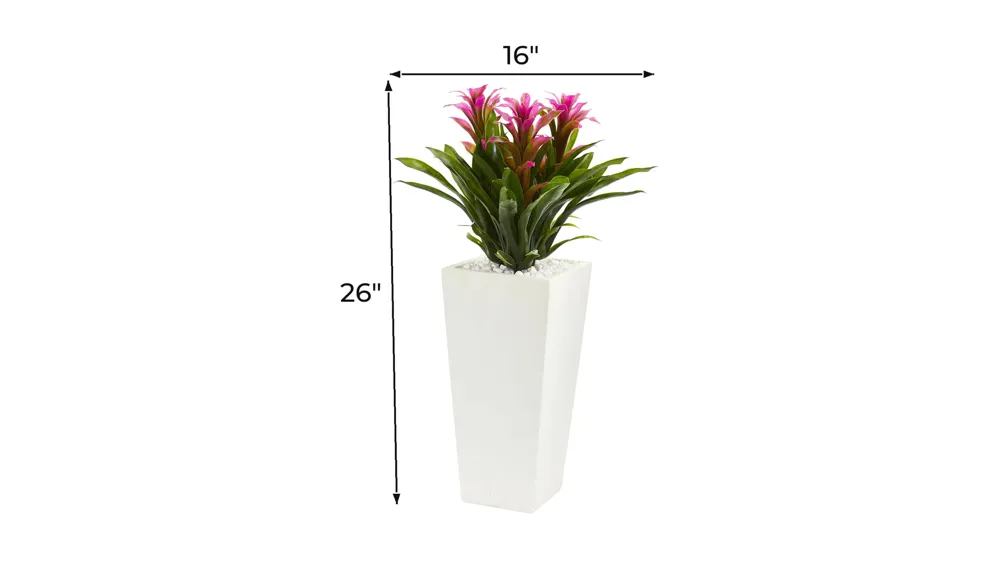 Triple Bromeliad Artificial Plant in White Tower Planter Dimensions