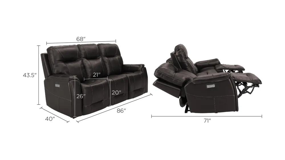 Barnett Leather Layflat Power Sofa w/ Power Headrest and Lumbar Dimensions