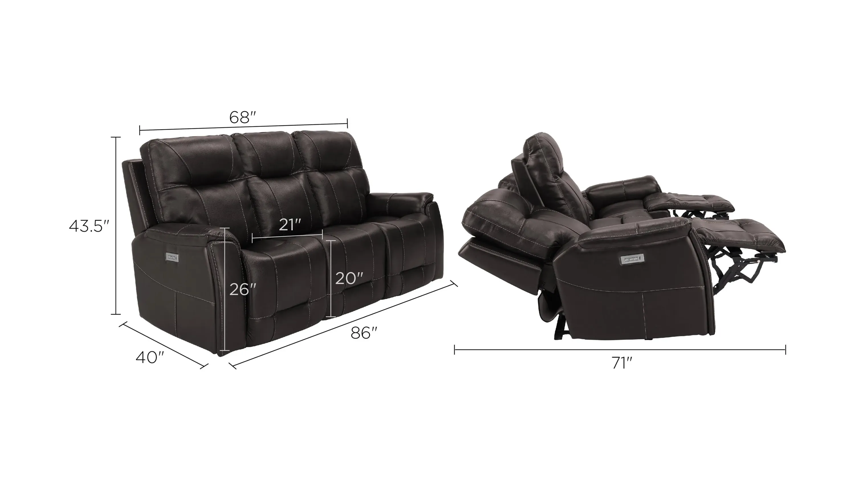 Barnett Leather Layflat Power Sofa w/ Power Headrest and Lumbar