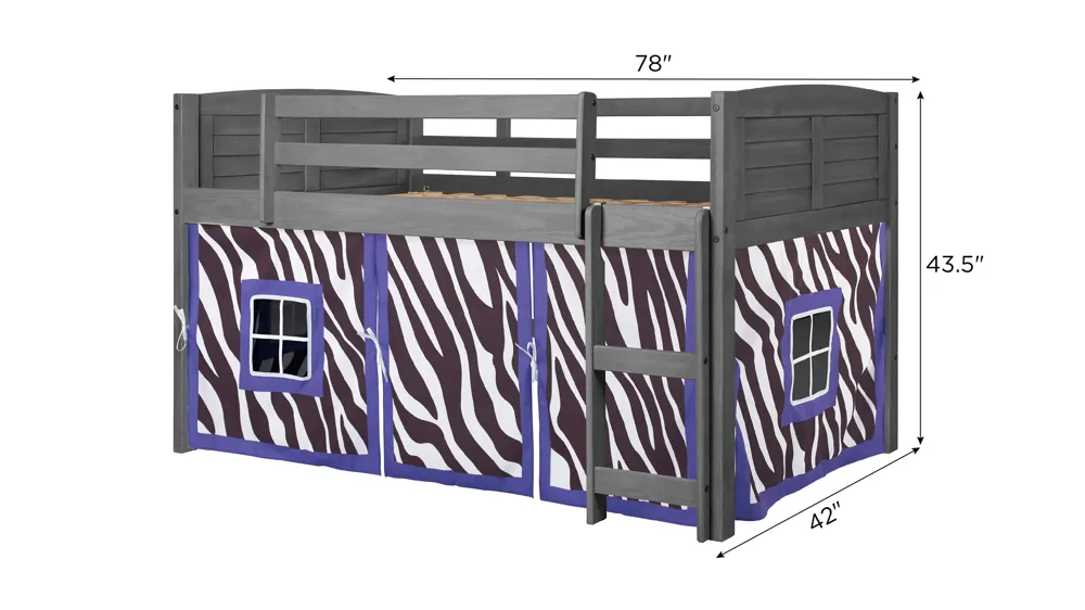 Donco Louver Low Loft Bed with Zebra Print Tent Dimensions