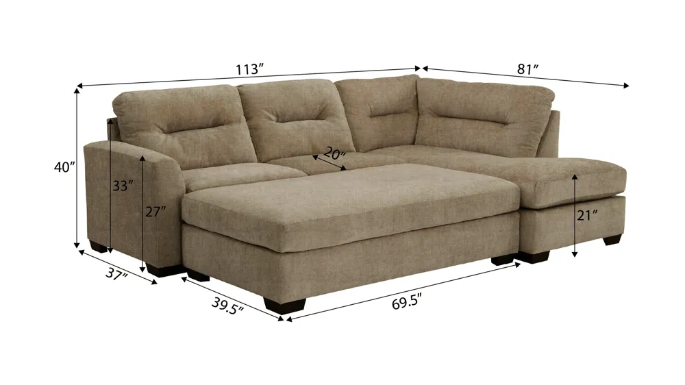Oliver 2-pc. Sectional with Ottoman Dimensions