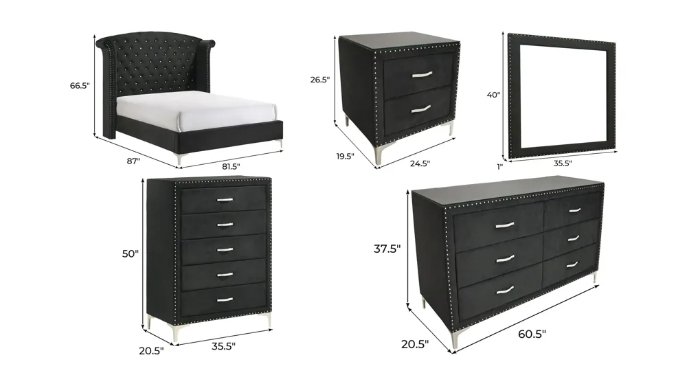 Lucinda 5-Pc Queen Bedroom set Dimensions