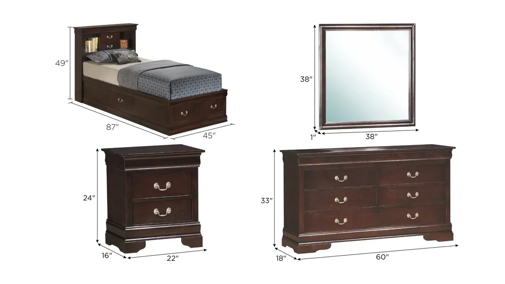 Rossie 4-pc. Storage Bedroom Set Dimensions