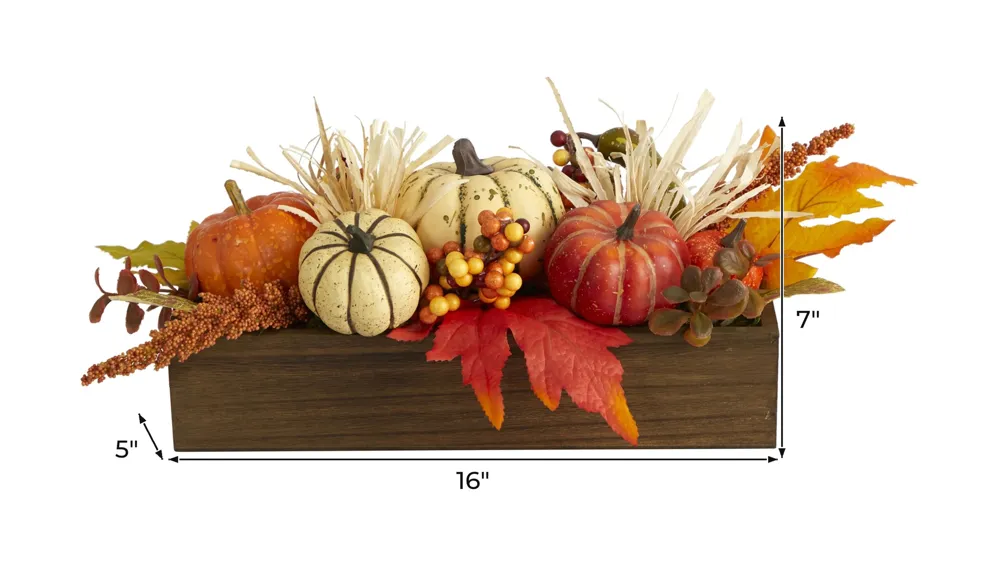 16in. Harvest Pumpkin and Berries Artificial Arrangement in Wood Vase Dimensions