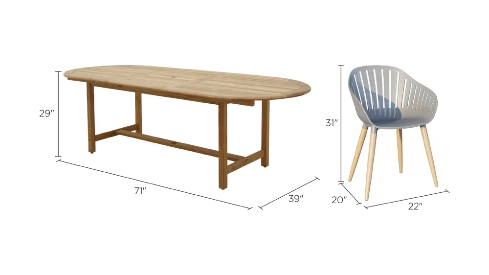 Amazonia Outdoor 9-pc. Oval Patio Dining Table Set w/ Eucalyptus Chairs Dimensions