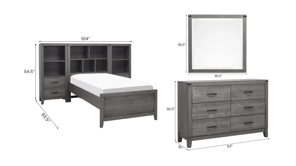 Piper 4-pc. Bedroom Set w/ 2 Bookshelf Nightstands Dimensions