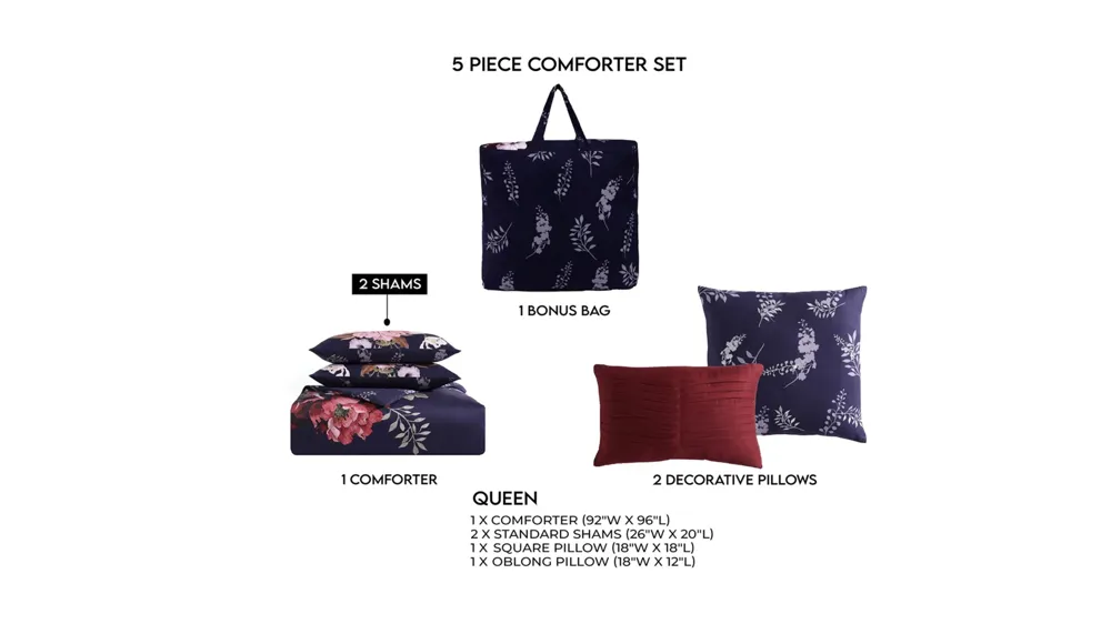 Bebejan Deep Purple Garden 5-pc. Reversible Comforter Set Dimensions