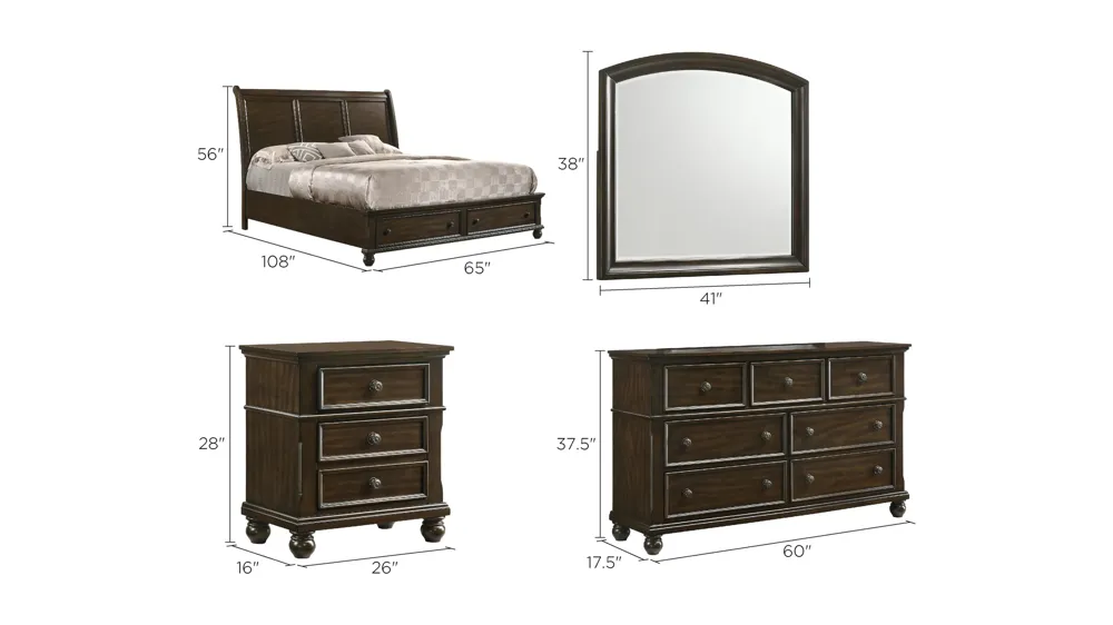 Lara 4-pc. Storage Bedroom Set Dimensions