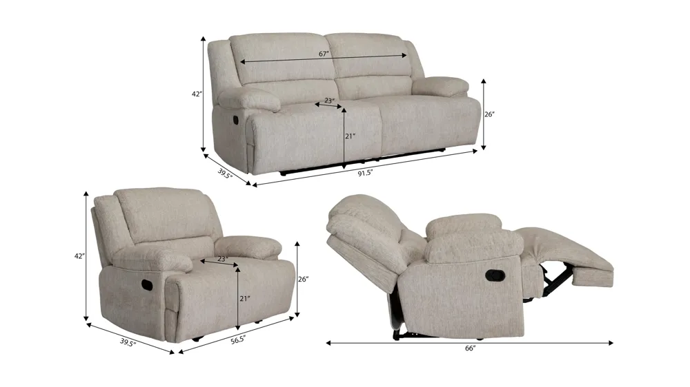 Colburn 3-pc. Manual Living Room Set Dimensions