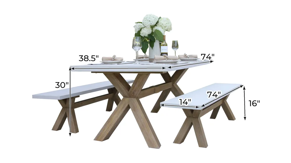 Nautical 3-pc. Eucalyptus Rectangle Outdoor Dining Set w/ Benches Dimensions
