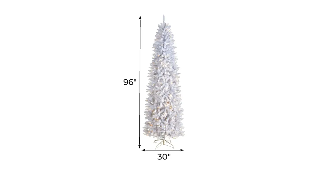 8' Slim White Artificial Christmas Tree with Warm White LED Lights and Bendable Branches Dimensions