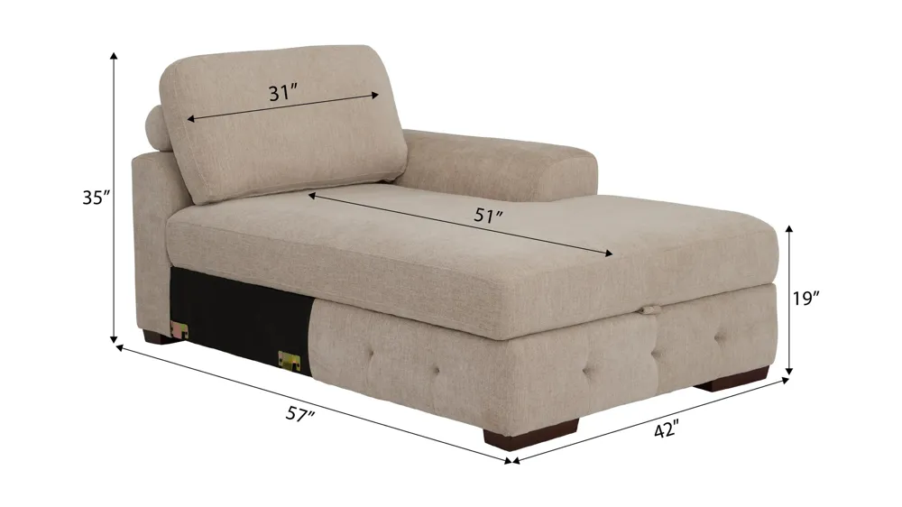 Dolman Right Arm Facing Chaise with Storage Dimensions