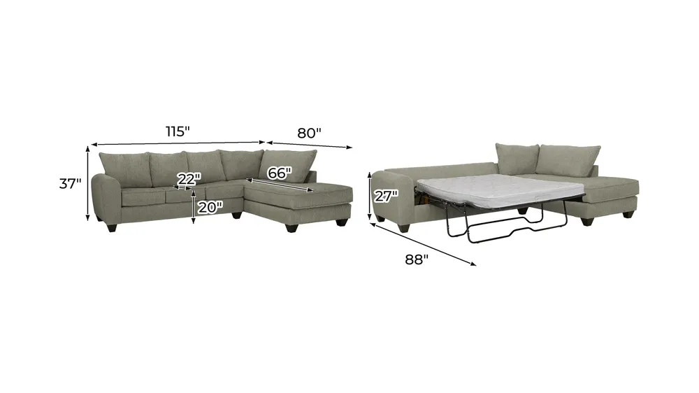 Jaden 2-pc. Sleeper Sofa Chaise Dimensions